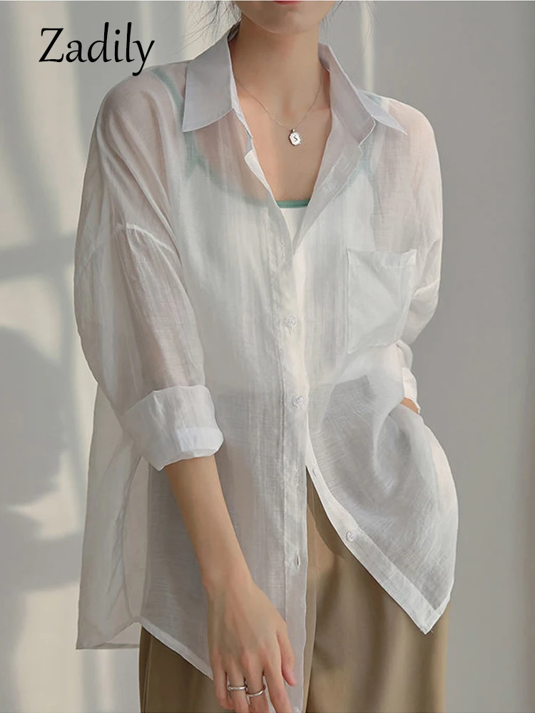 

Zadily 2022 Summer Long Sleeve Chiffon White Shirt Women Transparent Button Sun Protection Ladies Blouse Beach Female Clothing