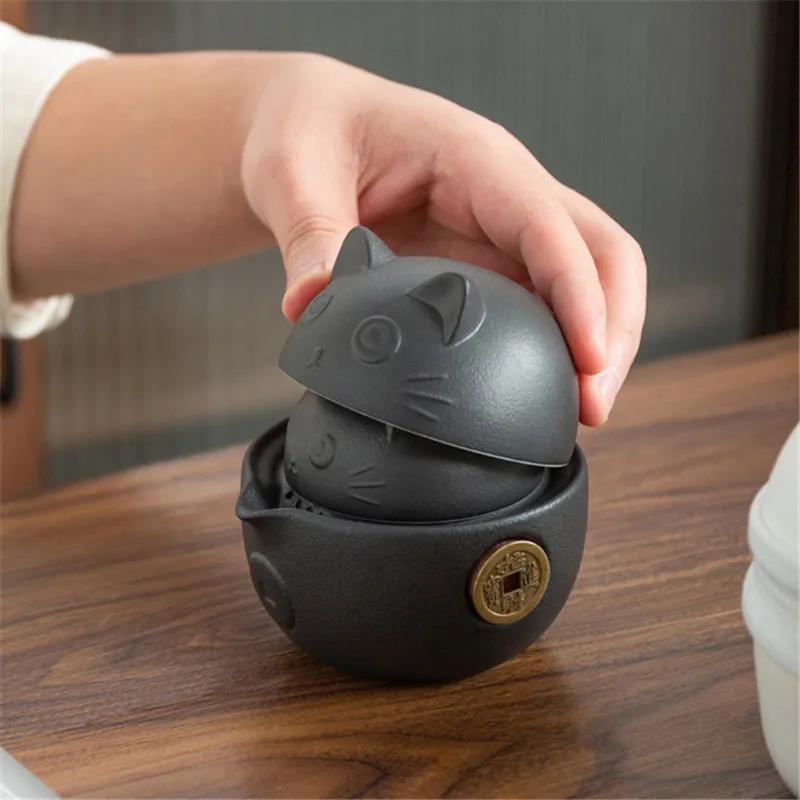 

Дорожный портативный керамический чайный набор Cut Cat с чайником, чайные чашки, дорожный мешок для офиса, дома, путешествия, чайная посуда, под...