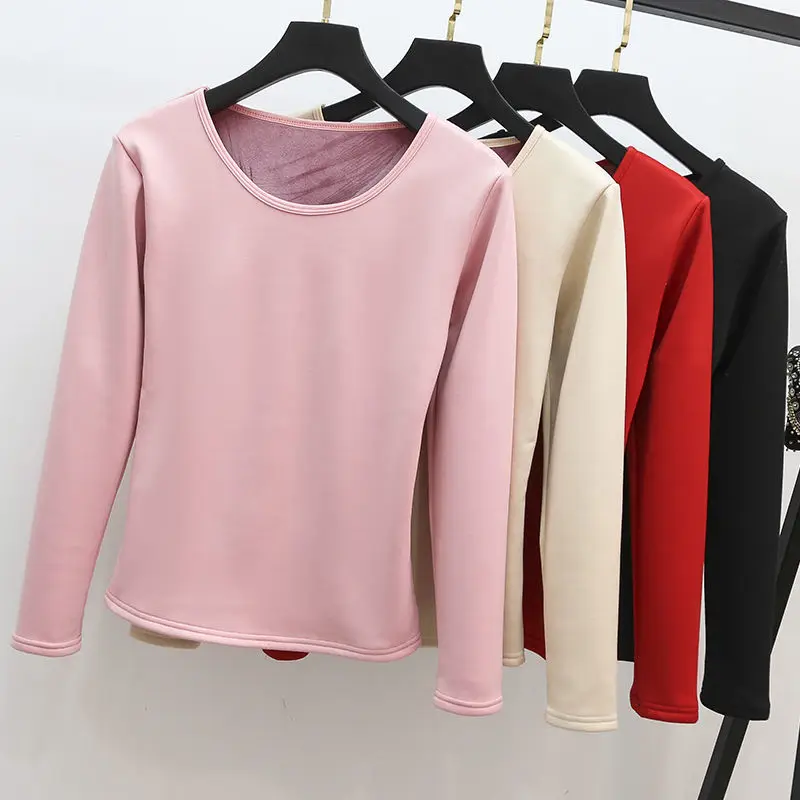 Plus Velvet Tops Padded Round Neck T-shirt Women 2021 Winter New Thermal Underwear Constant Temperature Bottoming Shirt