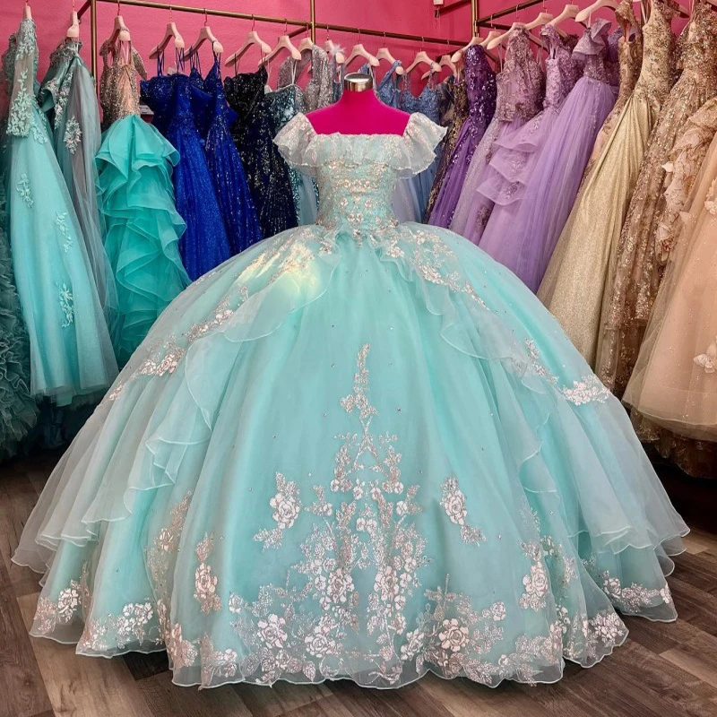 

ANGELSBRIDEP Mint Green Quinceanera Dresses Ball Gown 2023 Lace Appliques Beaded Off Shoulder Sweet 16 Dress Party Gown Vestidos