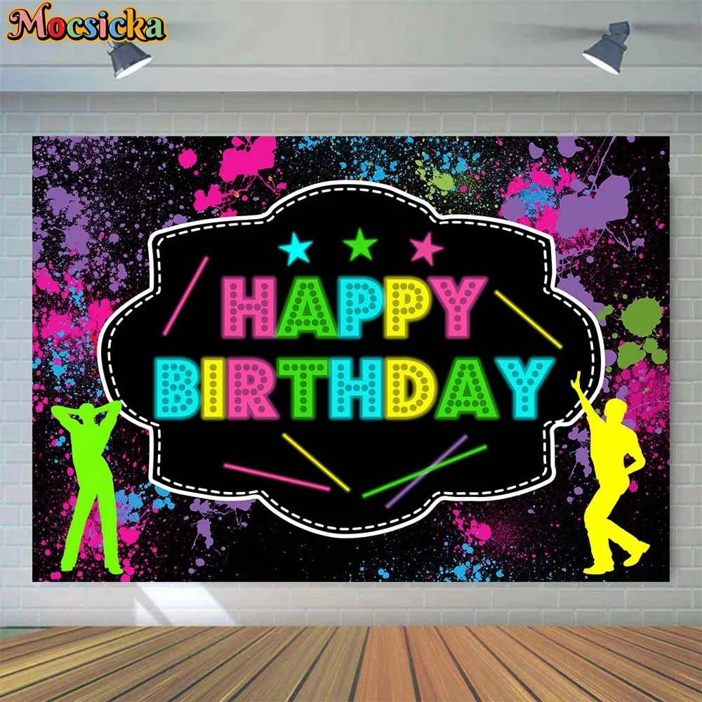 

Mocsicka Happy Birthday Backdrop Neon Party Splash Glow in the Dark 80's 90's Birthday Photo Background Party Decor Photo Shoot