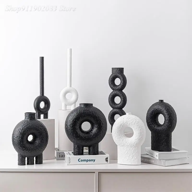 

Ceramic Vase Geometry Circle Black and White Texture Abstract Floral Handicraft Ornaments Modern Home Decoration Flower Vase