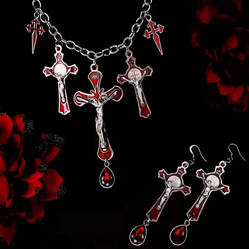 

Halloween Necklace Set For Women Jewelry Alloy Accessories New Neogothic Style Bat Red Drop Oil Cross Pendant Earrings Jewelry