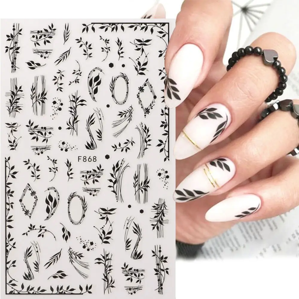 

3D Black Leaves Nail Sticker Butterfly Flower Nail Art Decorations Korean French Cute Slider Back Glue Decals For Girls