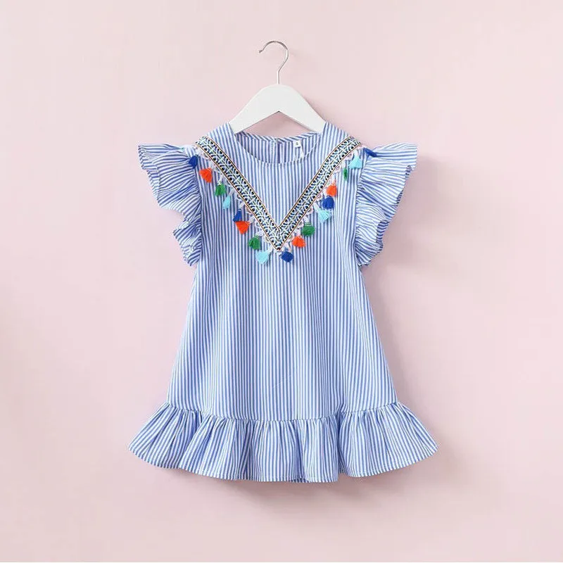 

Dress Toddler Kids Baby Girls Lovely Birthday Clothes Blue Striped Off-shoulder Ruffles Party Gown Dresses Hot 2022 New Summer