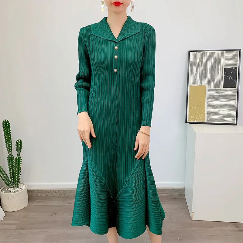 

Женское плиссированное платье Miyake, однотонное свободное эластичное Повседневное платье с отложным воротником и рукавами до запястья, весна 2023