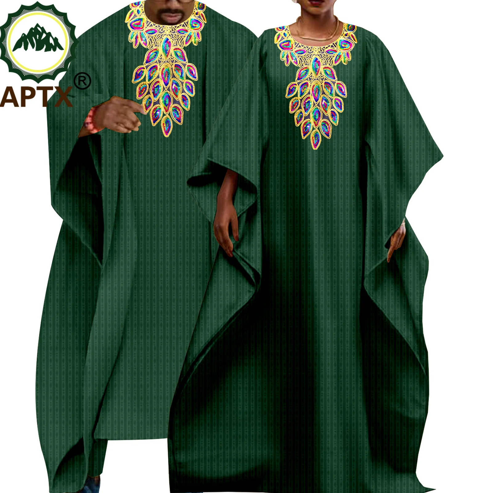 African Couple Clothes Men Embroidery Robe Shirt Pants 3 Pieces Set Women Dress V-neck Ankara Riche Attire Causal Wear T23C006