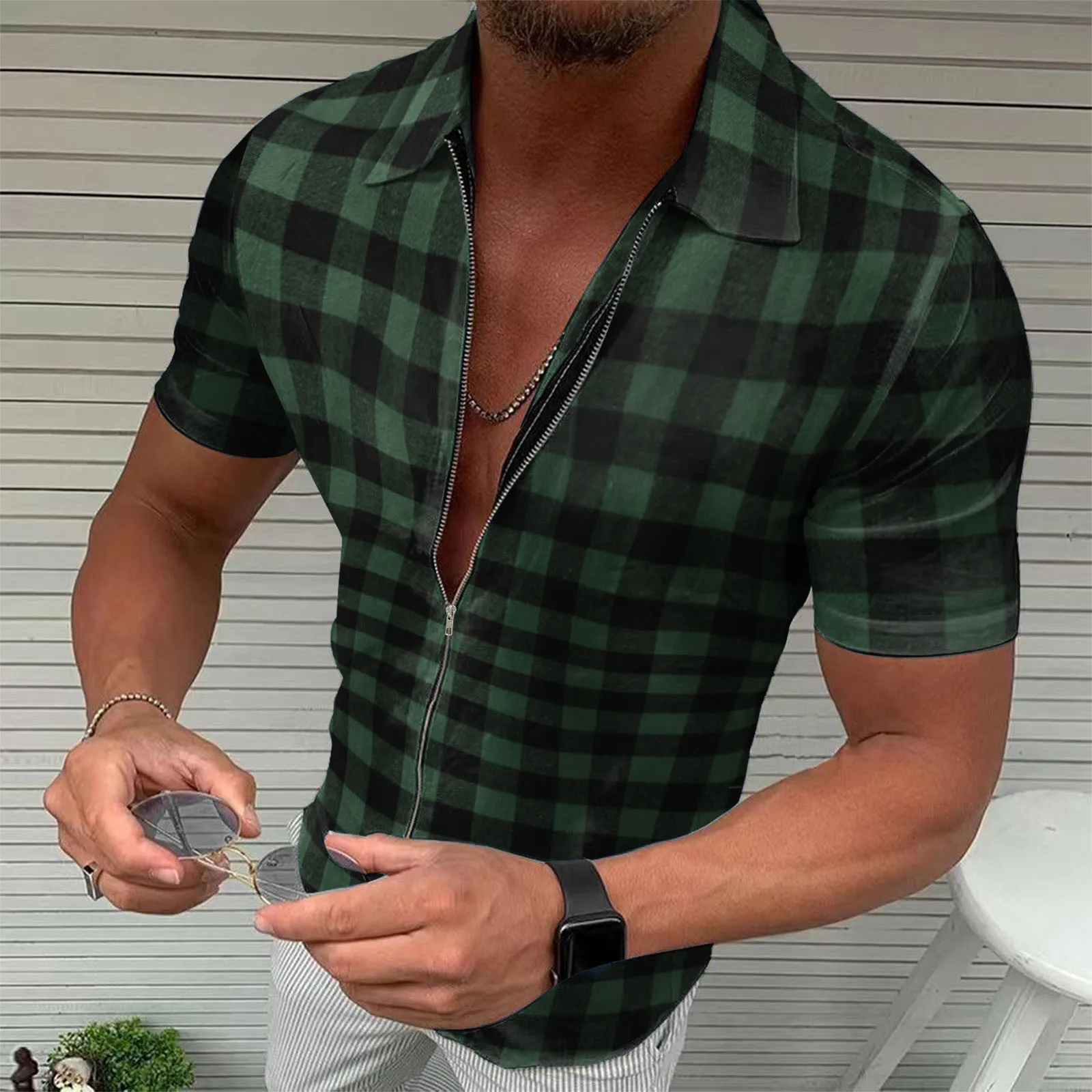 

Mens Spring And Summer Fashion Casual Sanding Plaid Zipper Lapel Short Sleeve Streetwear Retro Fashion Shirts Tops slim fit