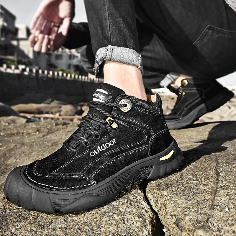 SALUDAS Genuine Leather Men's Shoes Fashion Luxury Leather Boots Outdoor Waterproof  Hiking Shoes Men Fur Winter Sneakers Male