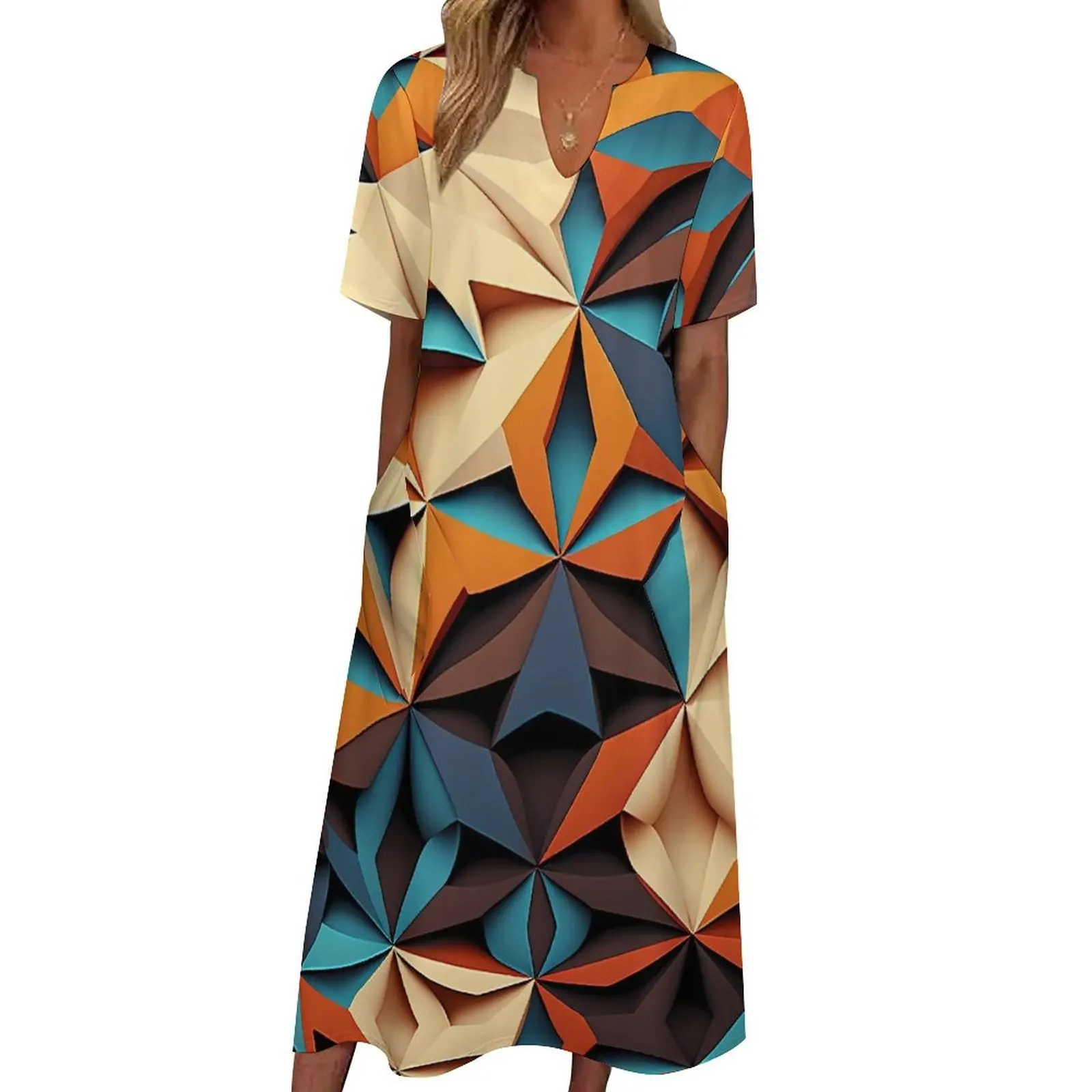 

Geo Print Dress Abstract Geometric Party Maxi Dress Street Style Bohemia Long Dresses Summer Short Sleeve Clothing Big Size 5XL