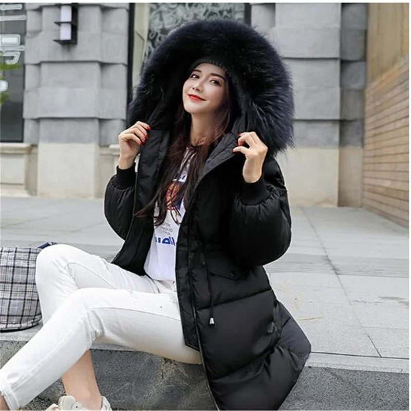 Women's Mid-Length Padded Coats with Large Fur Collar Winter New Korean Style College Thickening Jackets Parkas Female Overcoat