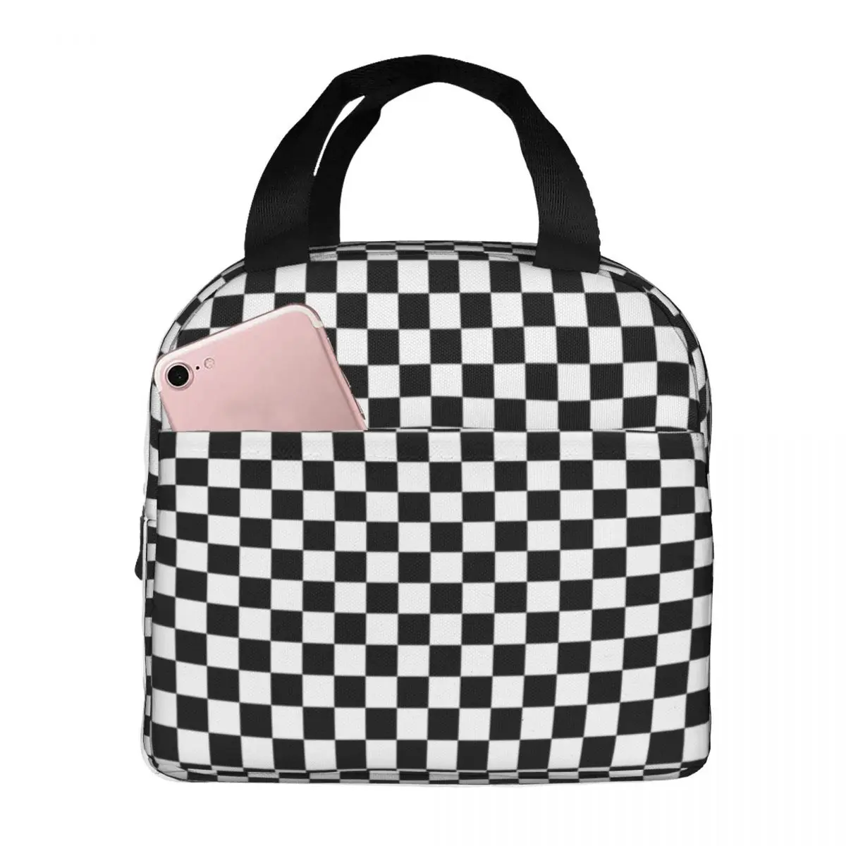

Lunch Bags for Women Kids Sage Green Black Checkerboard Insulated Cooler Portable Picnic Work Canvas Lunch Box Food Bag