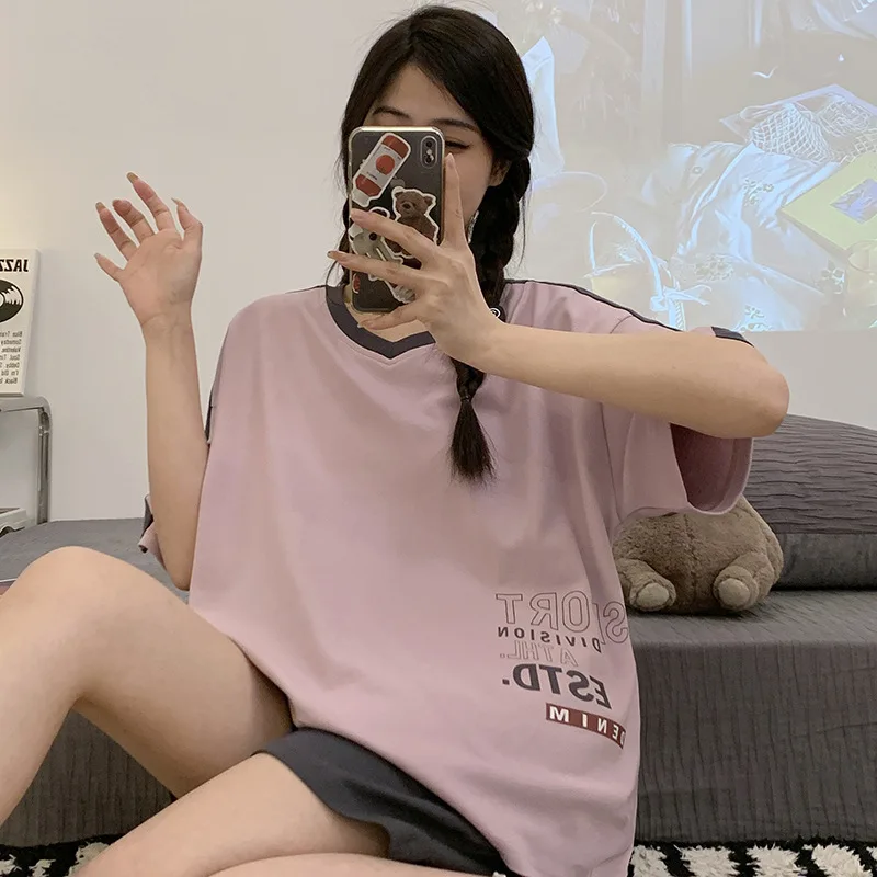 Summer Pajamas Sets Women's Short Sleeve Pants Pajamas Sets Cool Cotton Sleepwear Cute Cartoon Home Wear Clothes Suit Loungewear