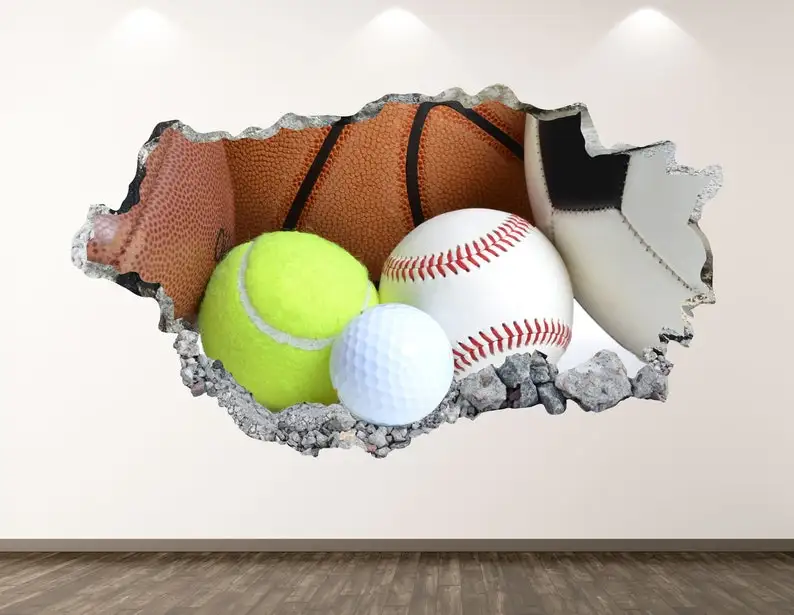 

Sports Ball Wall Decal - Baseball Tennis 3D Smashed Wall Art Sticker Kids Room Decor Vinyl Home Poster Custom Gift KD88