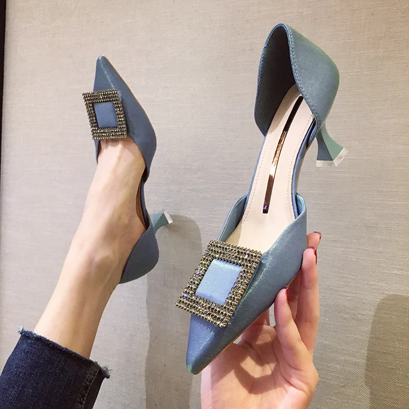 

Elegant Crystal Buckle High Heels Shoes Woman Pointed Toe Shiny D'Orsay Pumps Strange Thin Heels Rhinestone Wedding Shoes Women