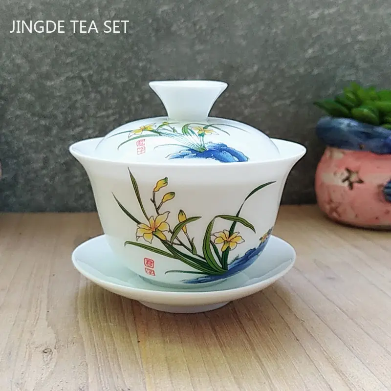 

Китайская сине-белая фарфоровая чайная кружка ручной работы, керамическая чашка с крышкой, дорожный портативный чайный набор Gaiwan, домашняя ...