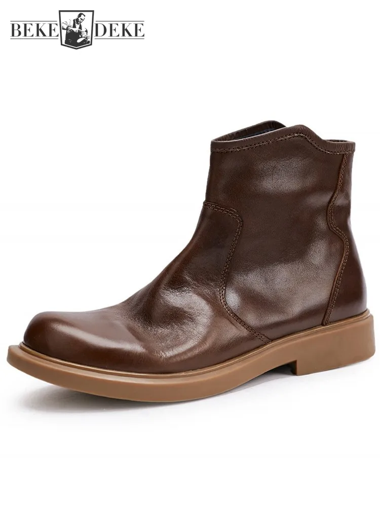

Fashion Men Zipper High Top Ankle Boots Business Casual Round Toe Genuine Leather Work Safety Shoes Autumn Motorcycle Biker Boot