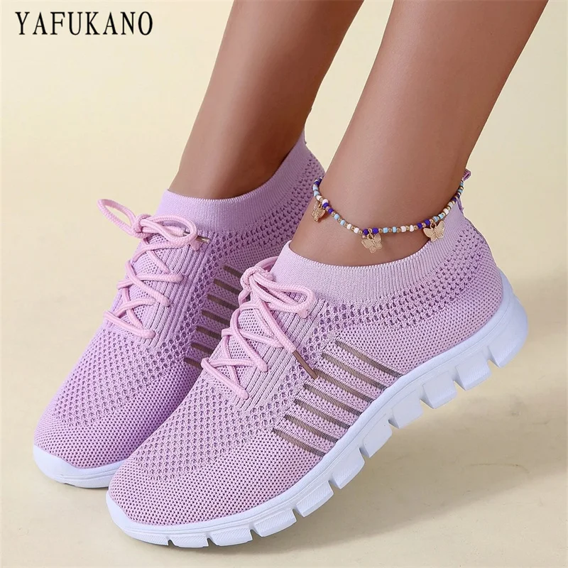 

Knitted Stretch Fabric Breathable Running Shoes Women Casual Shoes Fashion Simple Walking Driving Mesh Flat Shoes Sneakers