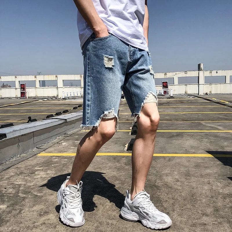 Beggar Pants Men's Jeans Summer Perforated Denim Shorts Korean Fashion Loose Knee Length Thin Vintage Jeans Men Streetwear