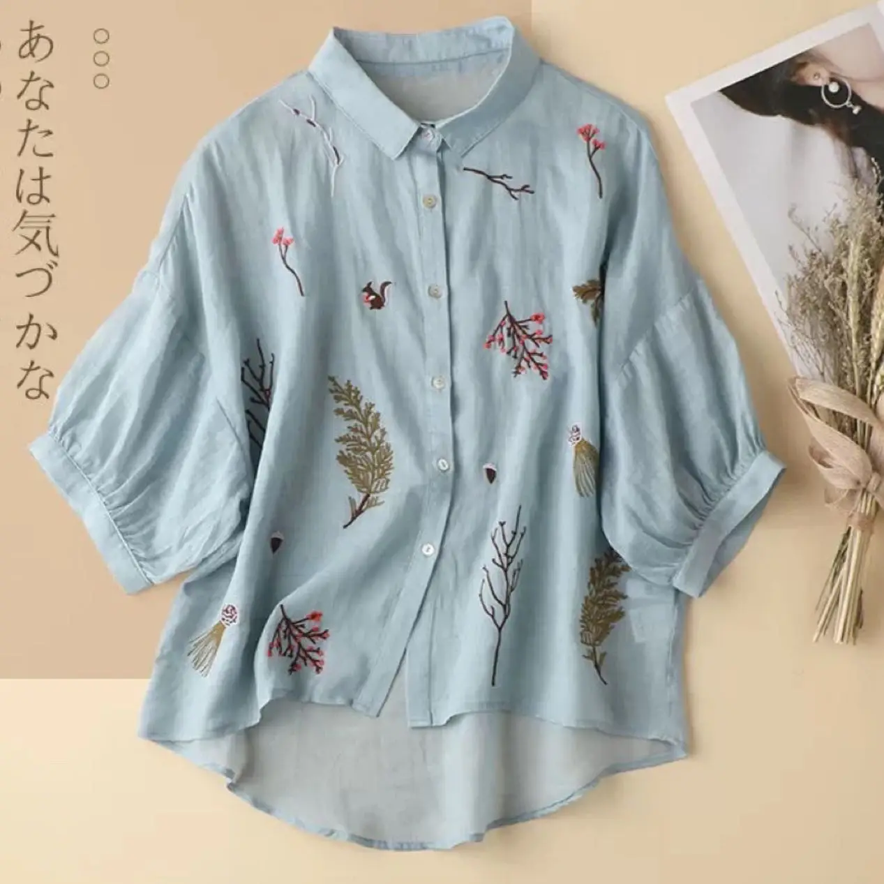 

Cotton Linen Embroidered Summer Three Quarter Sleeve Shirt For Women 2023 New Fashion Loose Casual Comfortable Tops Blusas