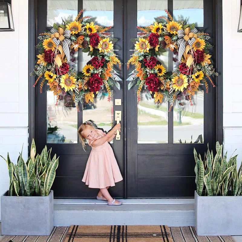 

2022 Sunflower Wreath Country French Wreath Fake Flower Welcome Sign Garland Hanging Front Door Decor for Home Party 40cm Hogard
