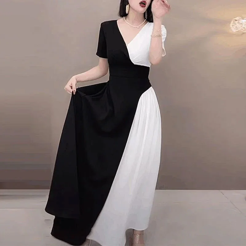 

2022 Summer Maxi Dress Elegant New Light Luxury High Fat Mm Large Women's Dress Covering Meat Skirt Over Knee Dresses Big Sizes