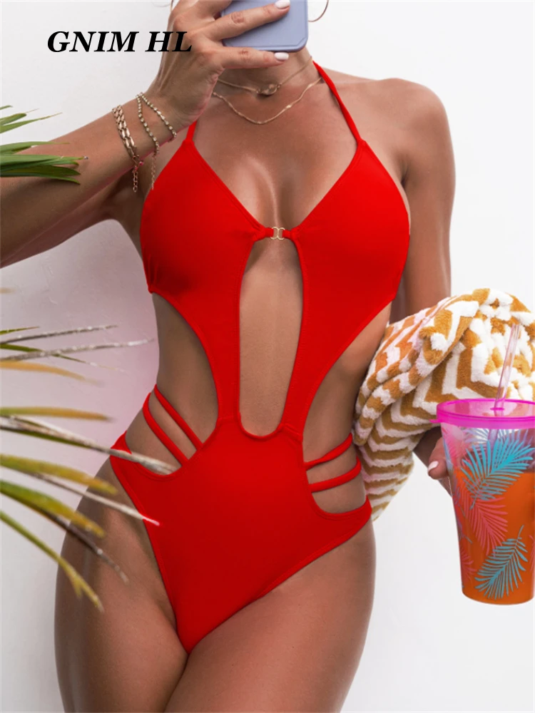 

GNIM High Cut Swimwear Women One-Piece Sexy Solid Hollow Out Bandage Women's Swimsuit conjunto biquini trajes de baño mujer 2022