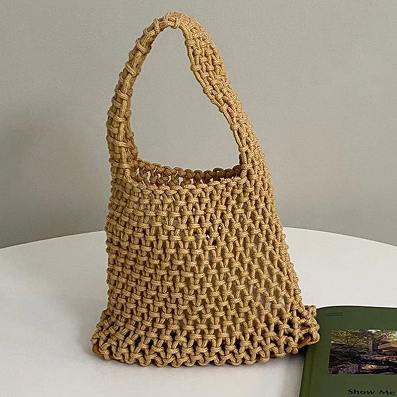 

2022 New Arrivals Cotton Linen Woven Hollow Out Handbag For Women Simple Mesh Tote Summer Travel Beach Bag Female Shopping Bag