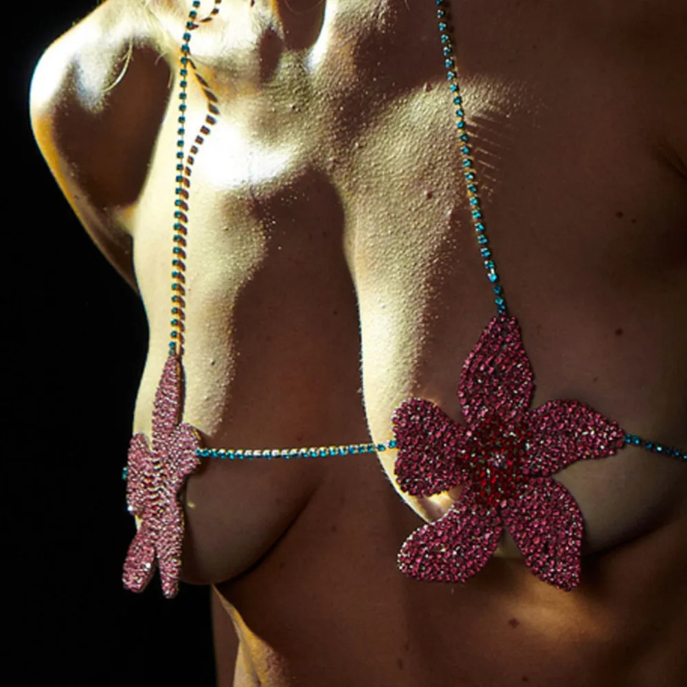 

Fashion exquisite pink flower breast chain strap jewelry Rhinestone bra high quality luxury sexy bra accessories top jewelry gif