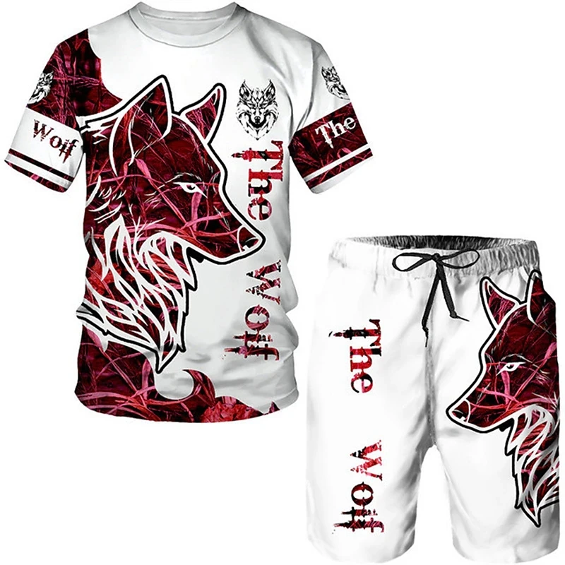 Men Clothing Plus Size Wolf Totem Designer Graphic 3D Printed T-shirt Suits Round Neck Ropa Short Sleeve 2 Pieces Summer