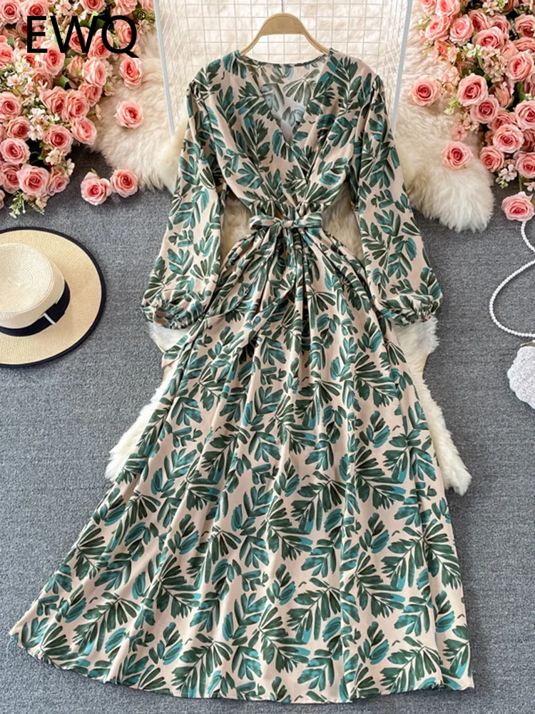 

EWQ Vintage Puff Long Sleeve Contrast Color Print High Waist V-neck Lace-up A-line Women's Dress 2023 Autumn New Dresses SN2890