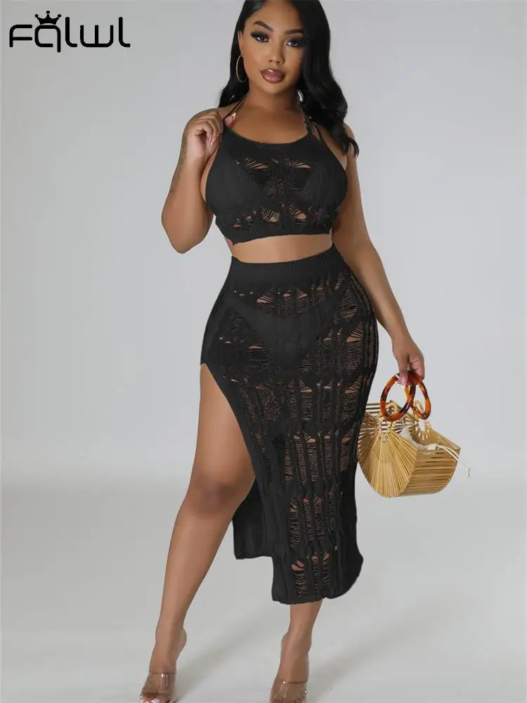 

Habbris Knitted Black 2 Two Piece Set Summer Skirt For Women 2023 Khaki See Through Bodycon Skirts Sets Beach Vacation Skirt Set