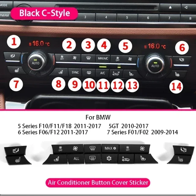

Для BMW 5 6 7 серии 5GT F10 F11 F18 F06 F12 F01 F02 Защитная крышка приборной панели автомобиля AC Air Panel Кнопка переключения обогревателя Наклейка