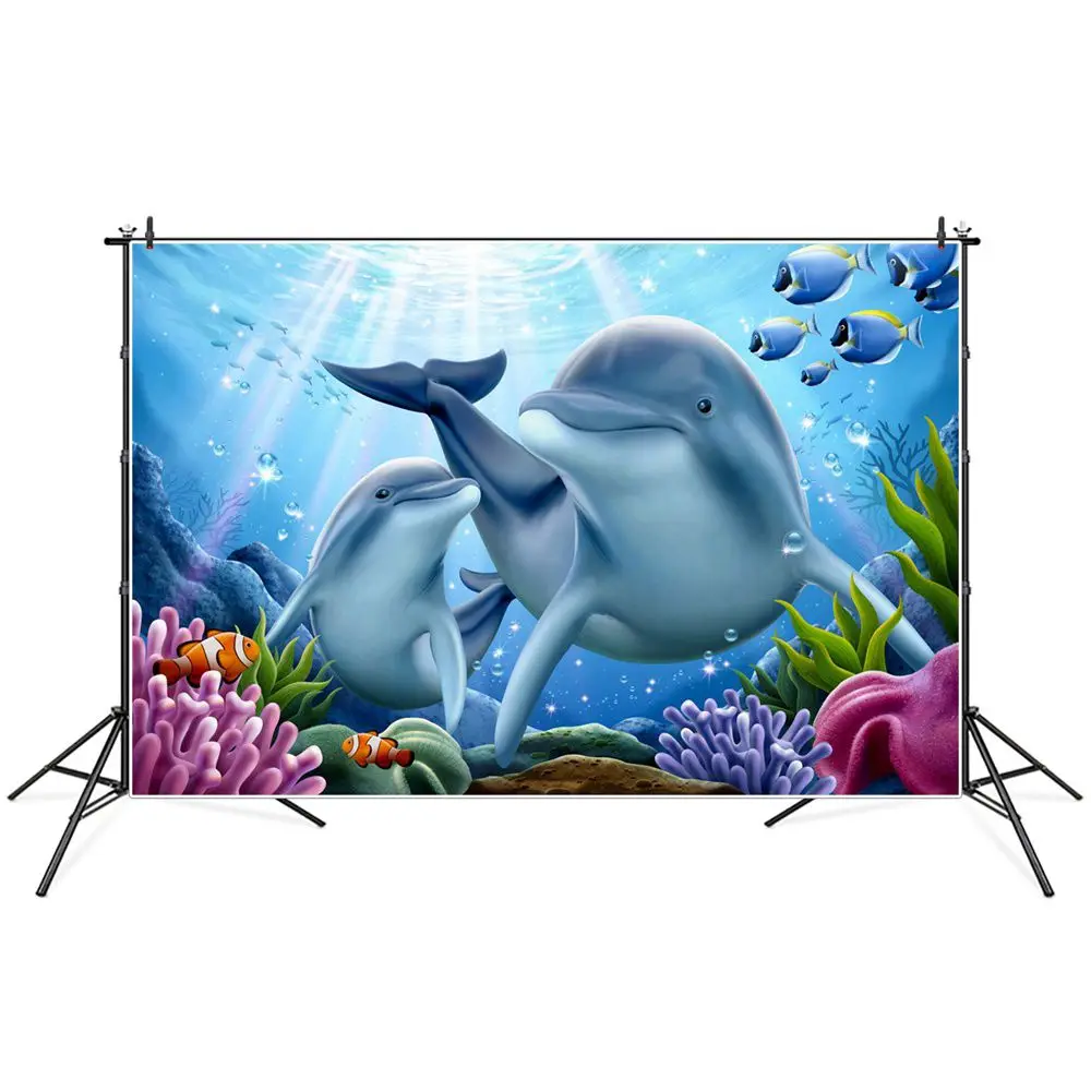 

Underwater Lights Corals Seabed Dolphins Photography Backgrounds Custom Baby Ocean Birthday Party Decoration Photo Backdrops