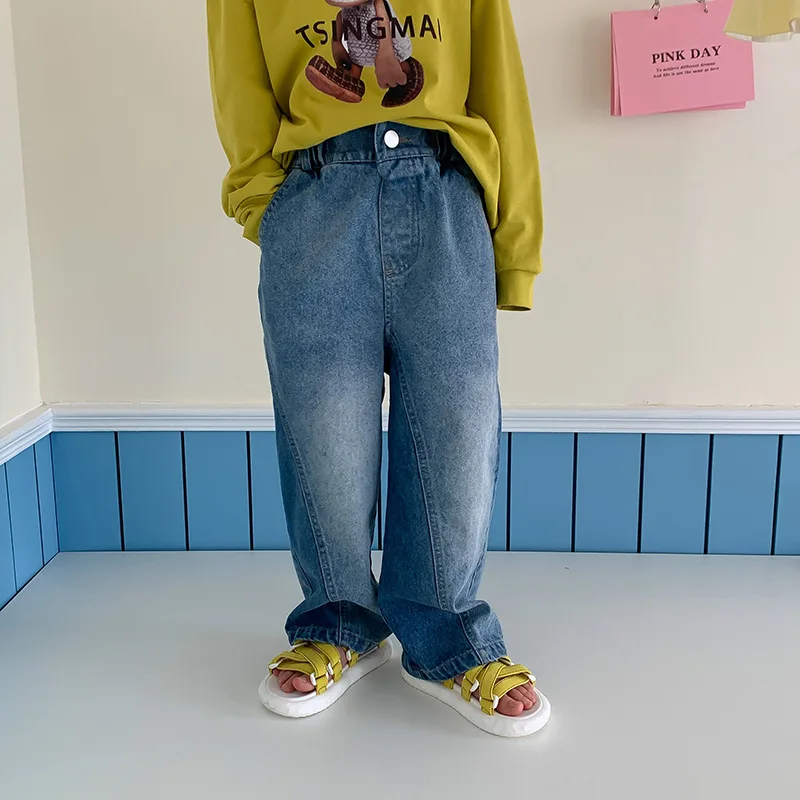 

Весенние однотонные джинсы в стиле пэчворк для мальчиков и девочек детские свободные универсальные прямые джинсовые брюки