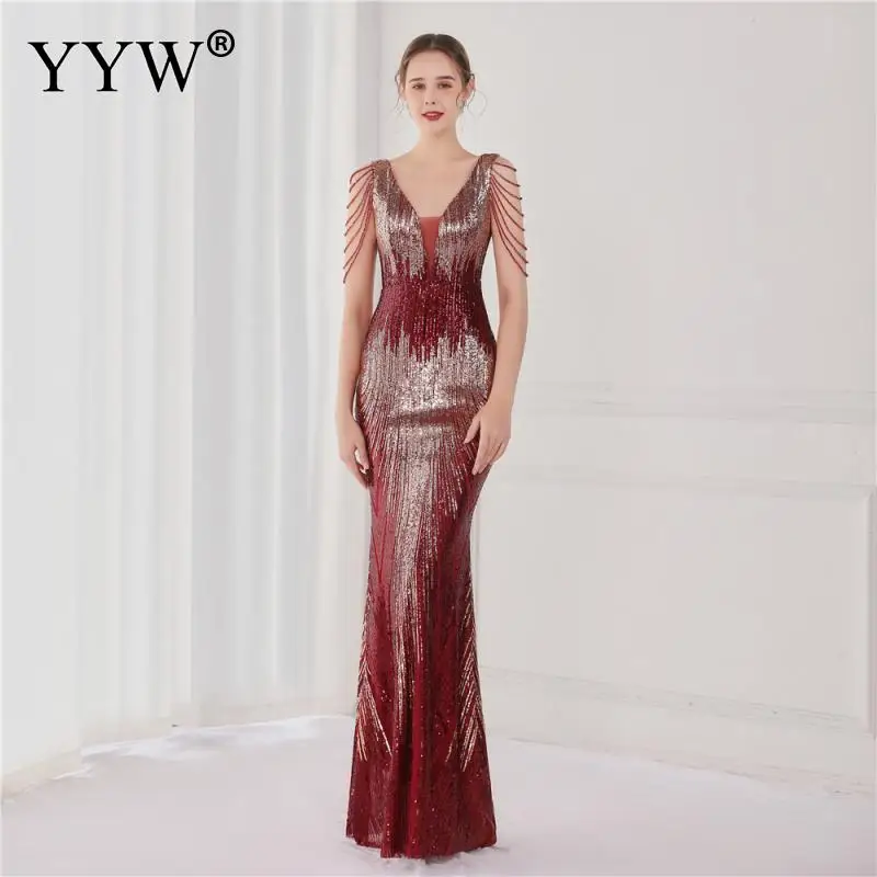 

New Sequined Fishtail Long Dress Performance Net Red Event Banquet Car Model Etiquette Sexy Slim Evening Dress