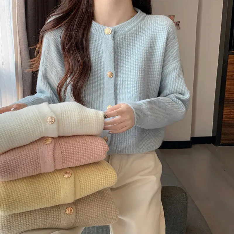 

Kaning Gentle Temperament O-Neck Knitted Cardigan for Women 2023 Autumn New Korean Style Short Sweater Women Outer Wear