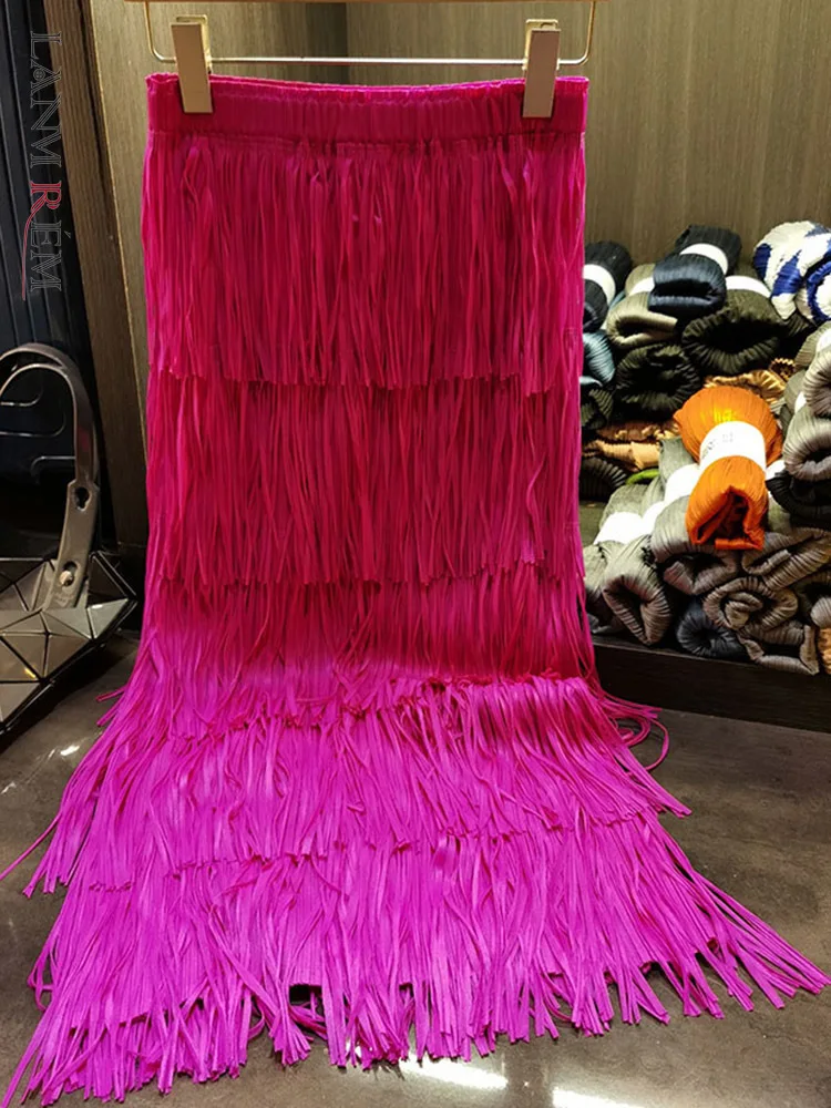 

LANMREM Tassel Pleated Skirts For Women High Elastic Waist Solid Color Luxury Party Fashion Clothing 2023 Autumn New 32A138
