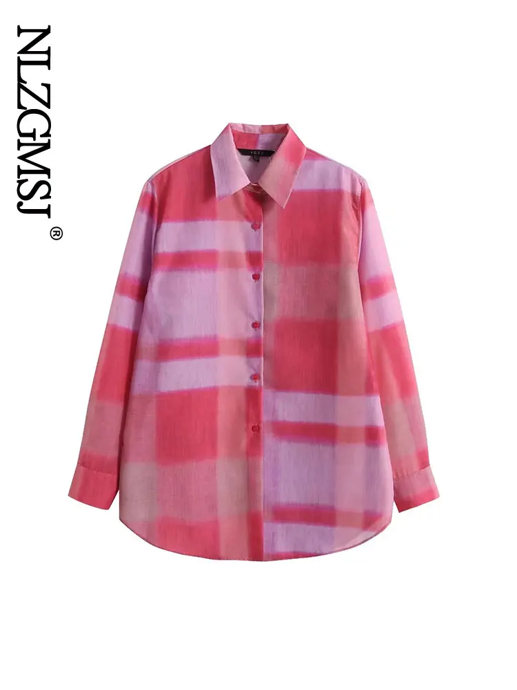

Nlzgmsj 2023 Summer Casual Plaid Print Shirt Women Turn-down Collar Long Sleeve Top Loose Blouse Single Breasted Tops
