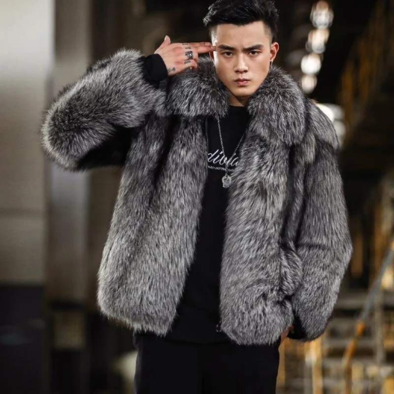 

New Fox Hair Imitation Fur Grass Men's Coat Short Style Autumn and Winter Warmth Silver Fox Coat Men's Leather Jacket Fur Coat