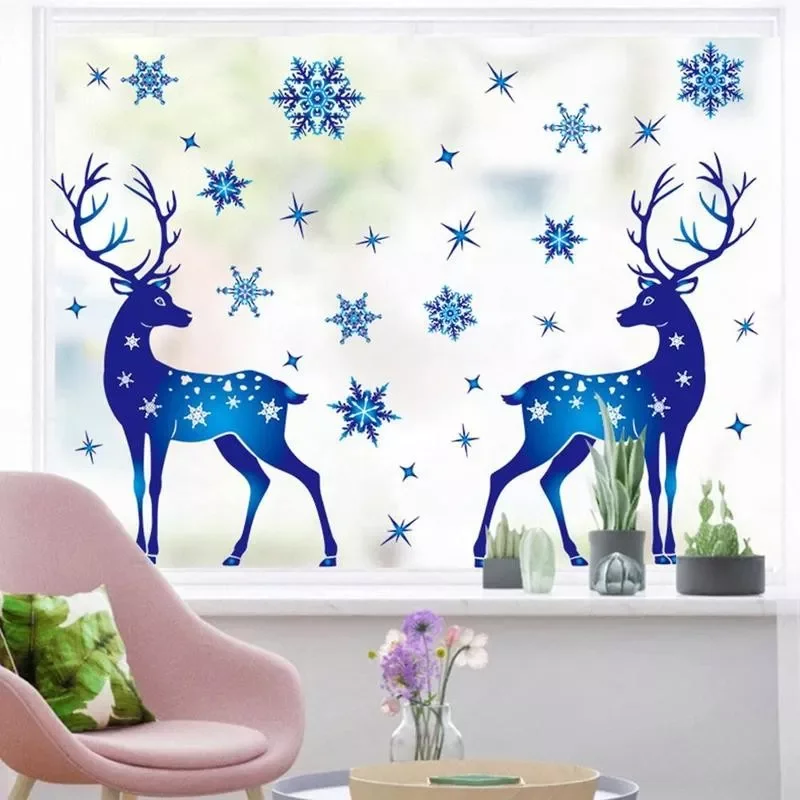 

Christmas New Year Sticker on Window Blue Elk Snowflake Stickers Winter Wall Decals New Year Sticker 2022 Christmas Window