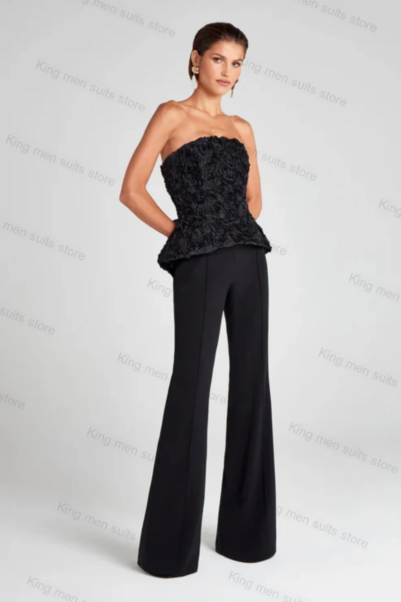 Костюм-двойка женский черный из блейзера и брюк вечерний пиджак с 3D цветами жакет