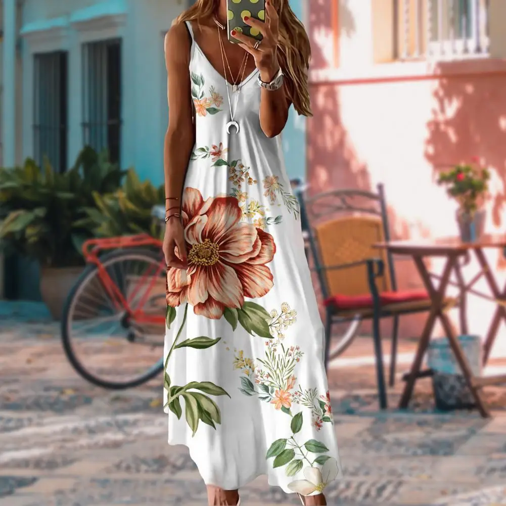 

Bohemian Sling Dress V Neck Lightweight Flower Print Long Dress for Dating