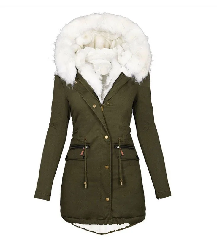 2022 Autumn and Winter Padded Waist Women's Cotton Jacket, Fashion White Fur Collar Coat Hooded Warm Jacket Loose Parkas Women
