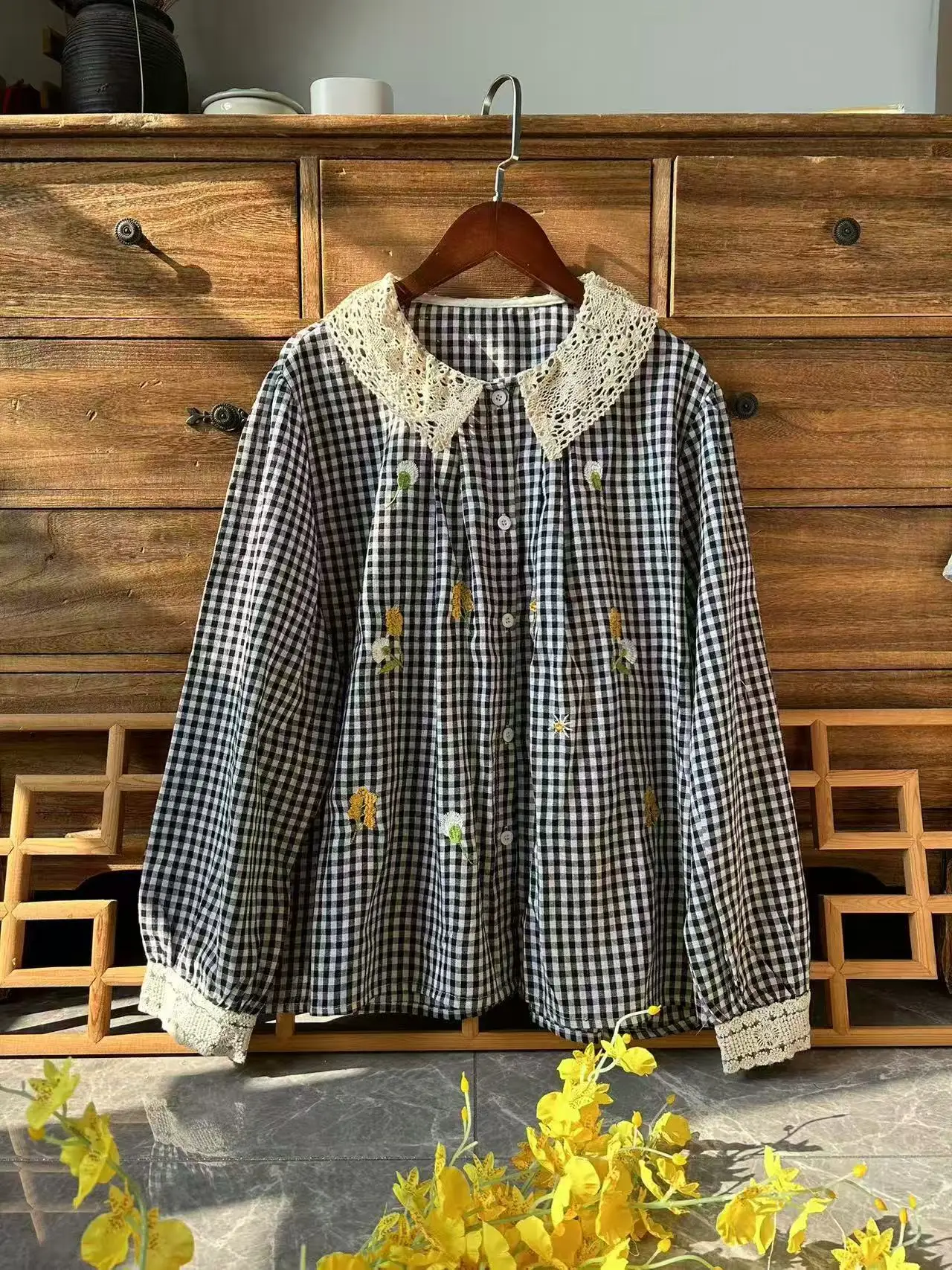 2021 японская винтажная одежда весенние кружевные рубашки и блузки в клетку с