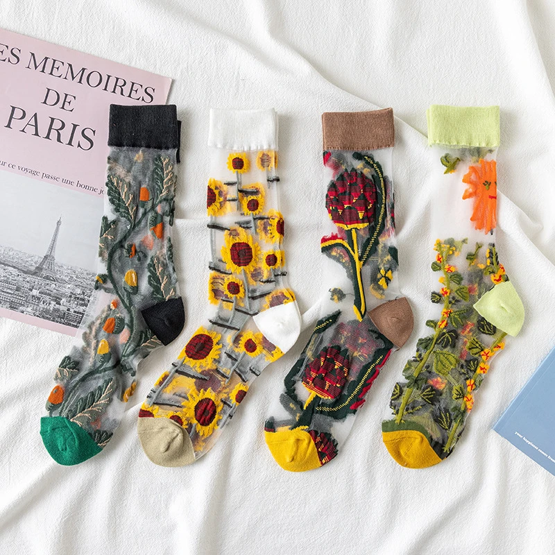 3 Pairs New Women Transparent Cute Cat Socks Set Korean Floral Animal Ladies Summer Thin Kawaii Silk Socks Set For Women