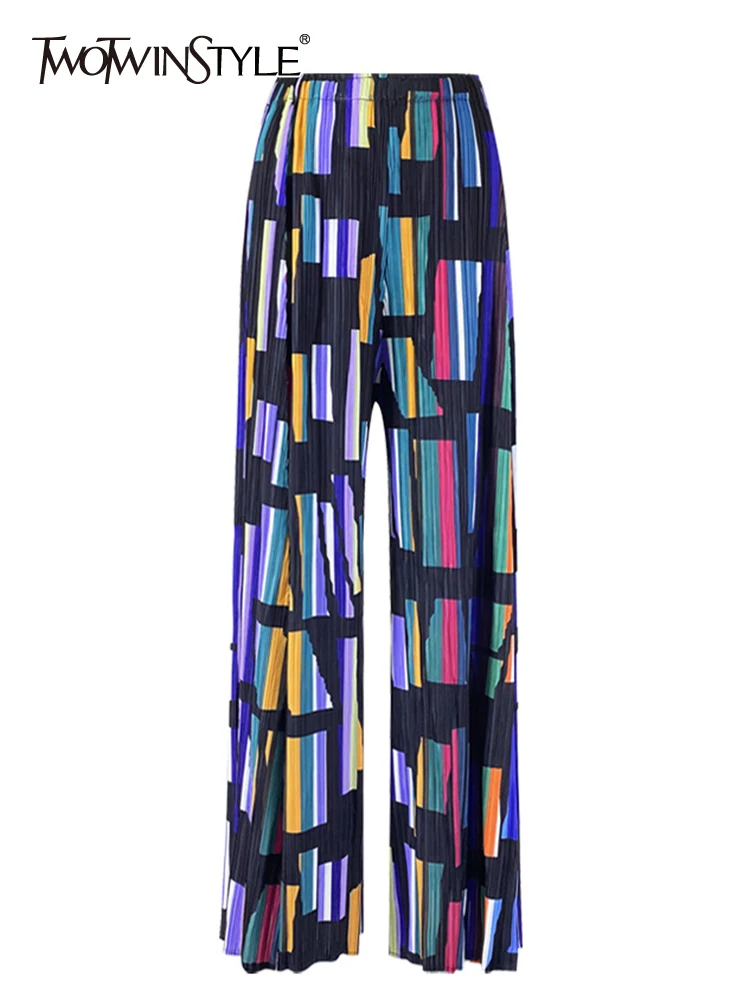 

TWOTWINSTYLE Summer Wide Leg Pants Female High Waist Casual Loose Hit Color Print Wide Leg Pants For Women Fashion Style Clothes