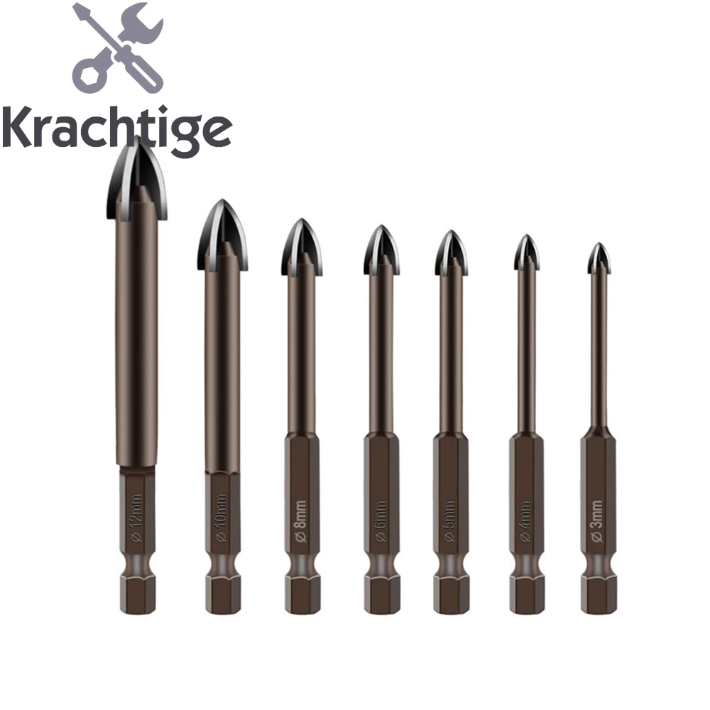 

Krachtige 7Pcs Glass Drill Bit Set Cutting Edges Tile Alloy Carbide Point & Glass Cross Spear Head Drill Bits