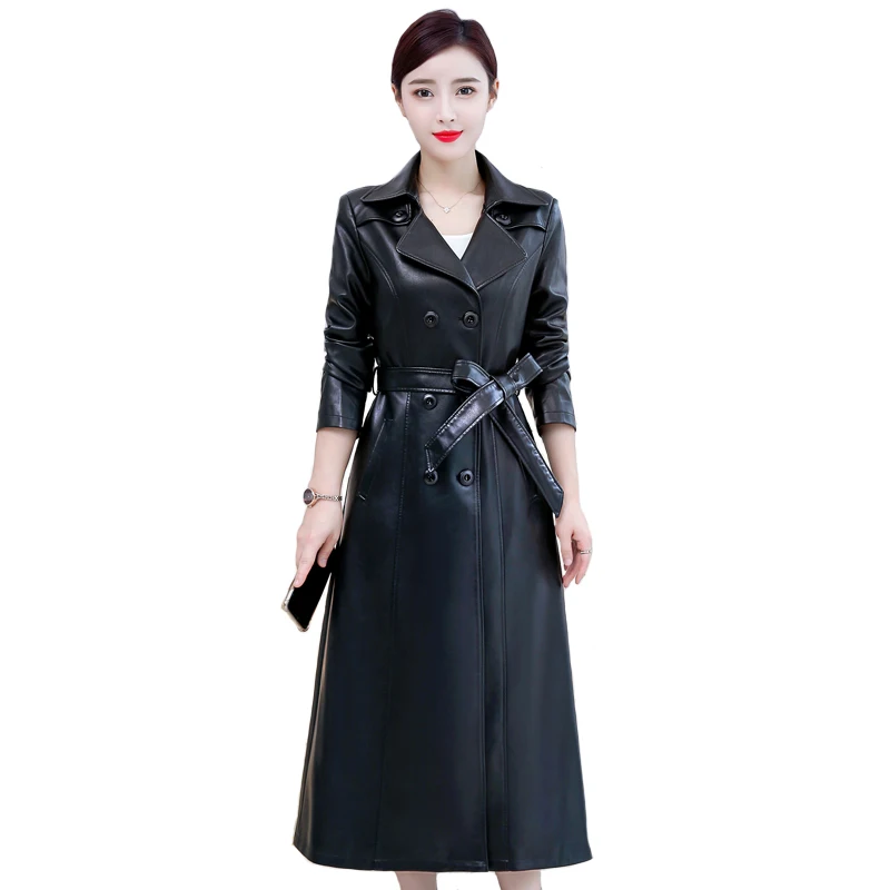 Fashion X-Long Leather Coat Women 2022 Autumn Winter Woman PU Leather Jacket Casual Windbreaker Long Ladies Leather Jacket Belt