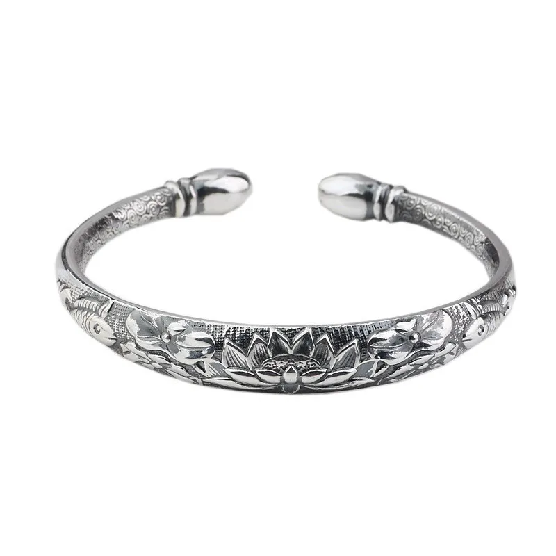 Real Silver Classical Lotus Engraving Bangle S999 Sterling Sliver Traditional Style Retro Vintage Flower Bracelet Jewelry